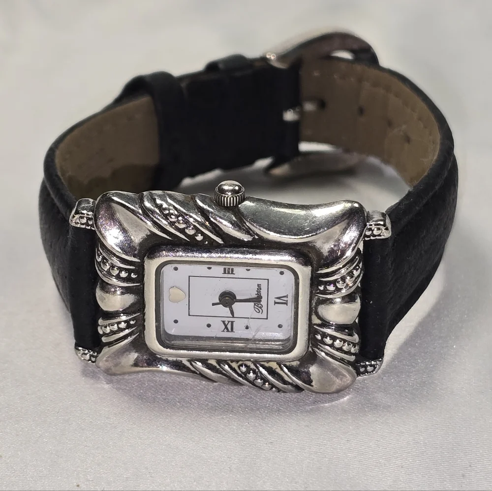 Brighton Daytona Watch Silver‎ Tone Decorative Bezel Black Leather Band